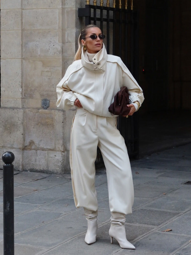 Women's Two-Piece Oversized Jacket and Pleated Pants Set with High Stand Collar Mune Fashion