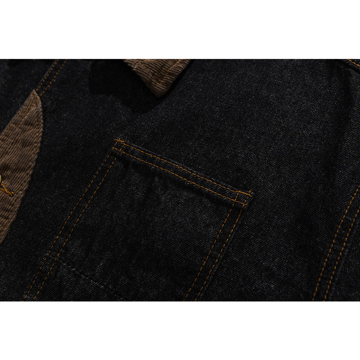 Men's Boxy Denim Work Jacket with Cord Collar, Flap Pockets and Elbow Patches Mune Fashion
