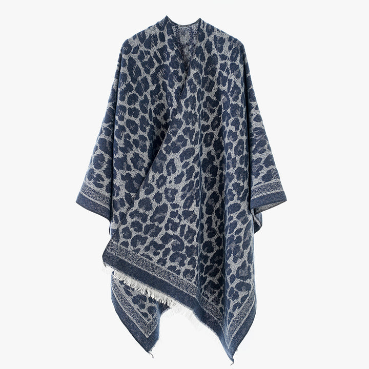 Women's Oversize Cape with Jacquard Leopard Pattern, Open Fall and Fringes Mune Fashion