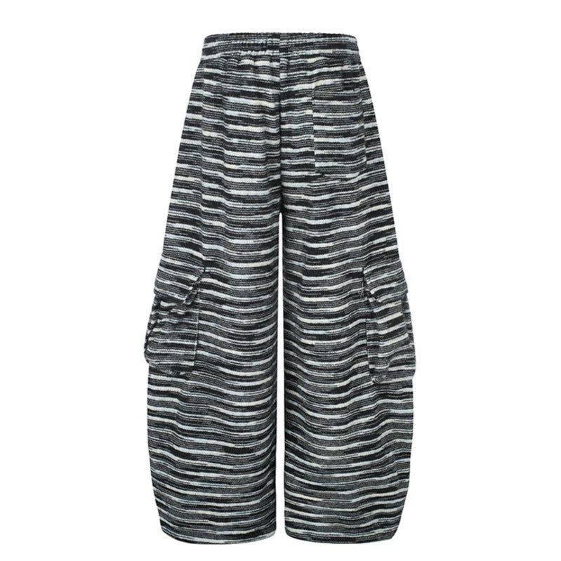 Women's Wide Palazzo Cargo Pants with Drawstring Waistband, Adjustable Hem Cords, and Striped Jacquard Structure Mune Fashion