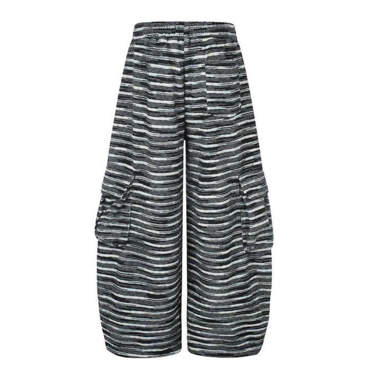 Women's Wide Palazzo Cargo Pants with Drawstring Waistband, Adjustable Hem Cords, and Striped Jacquard Structure Mune Fashion