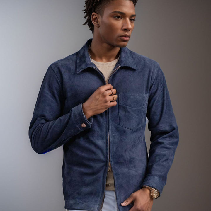 Men's suede leather jacket with stand-up collar and chest pocket Mune Fashion