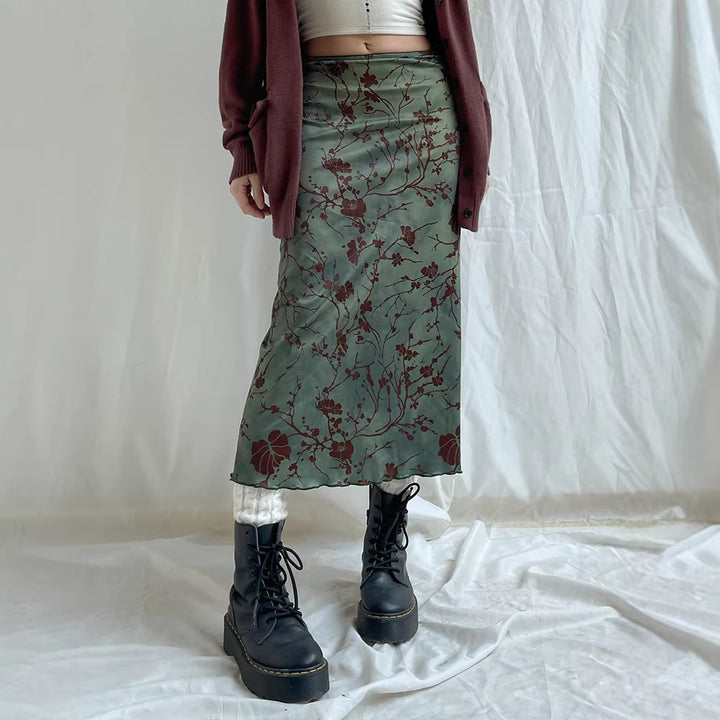 Women's satin midi skirt with floral velvet appliqué and narrow silhouette Mune Fashion