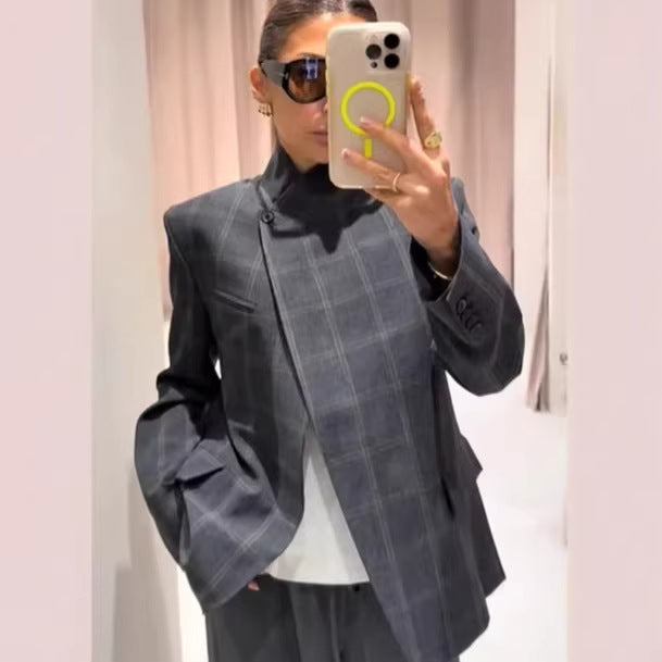 Women's tailored check blazer coat with stand-up collar, asymmetrical button placket and flap pockets Mune Fashion