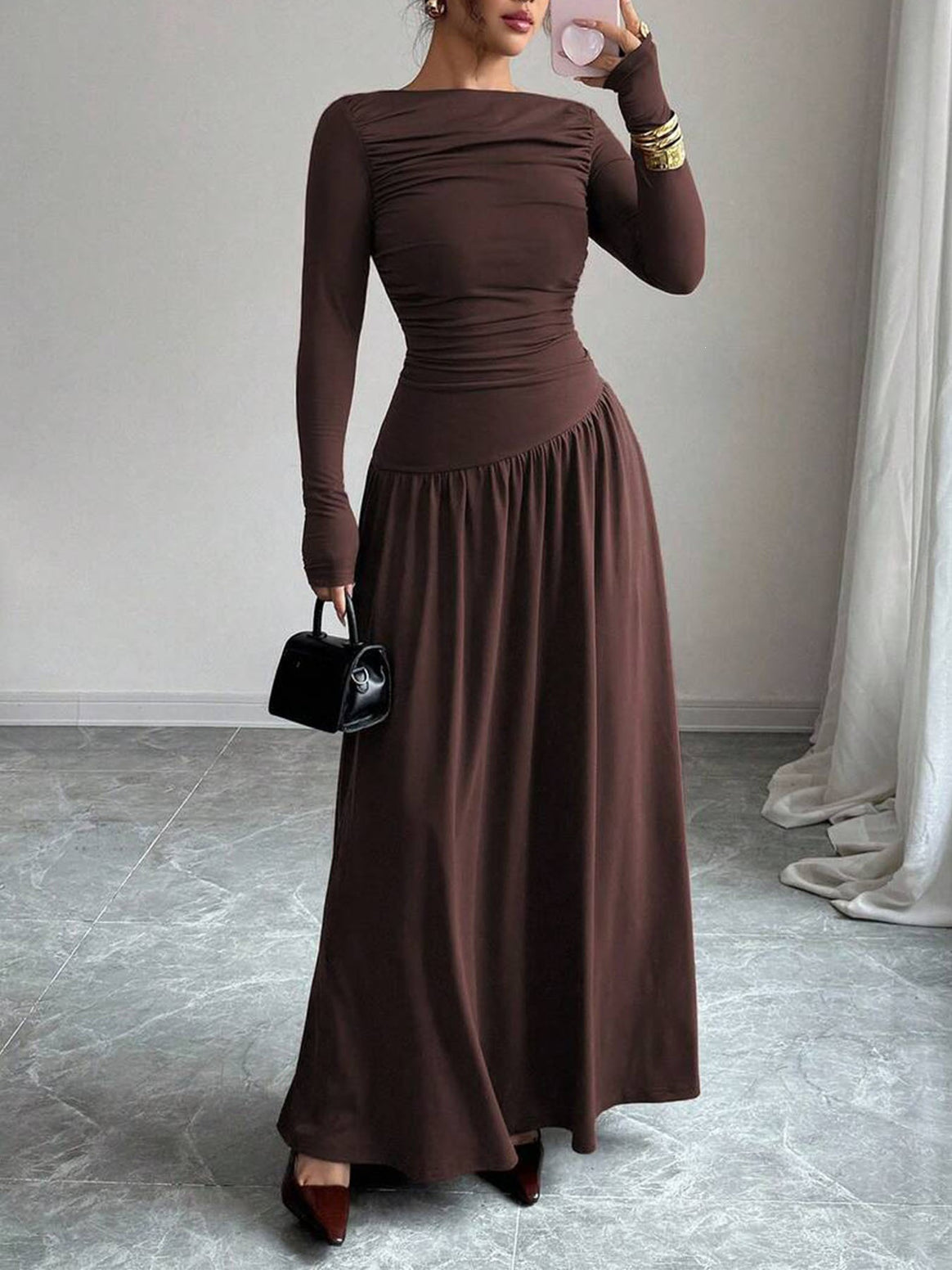 Ladies Maxi Dress with Ruched Bodice, Fitted Waist and Long Sleeve Mune Fashion