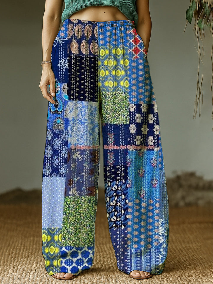Women's Wide Leisure Pants with Ethnic Patchwork Pattern Mune Fashion