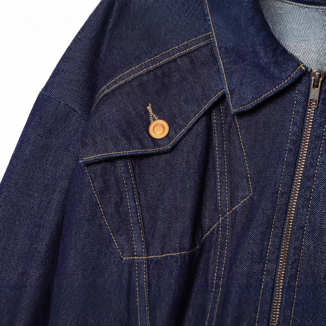 Women's Cropped Denim Jacket with Zipper, Tailored Drawstring and Flap Pockets Mune Fashion