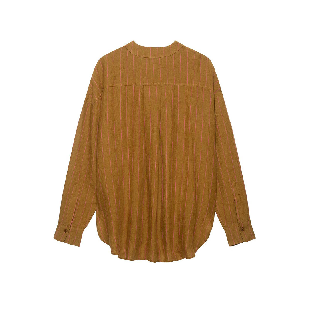 Women's Oversize Striped Blouse with Deep V-Neck and Rounded Hem Drune