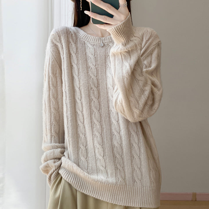 Women's Plus Size Cable Knit Sweater in Mohair Look with Ribbed Hem Mune Fashion