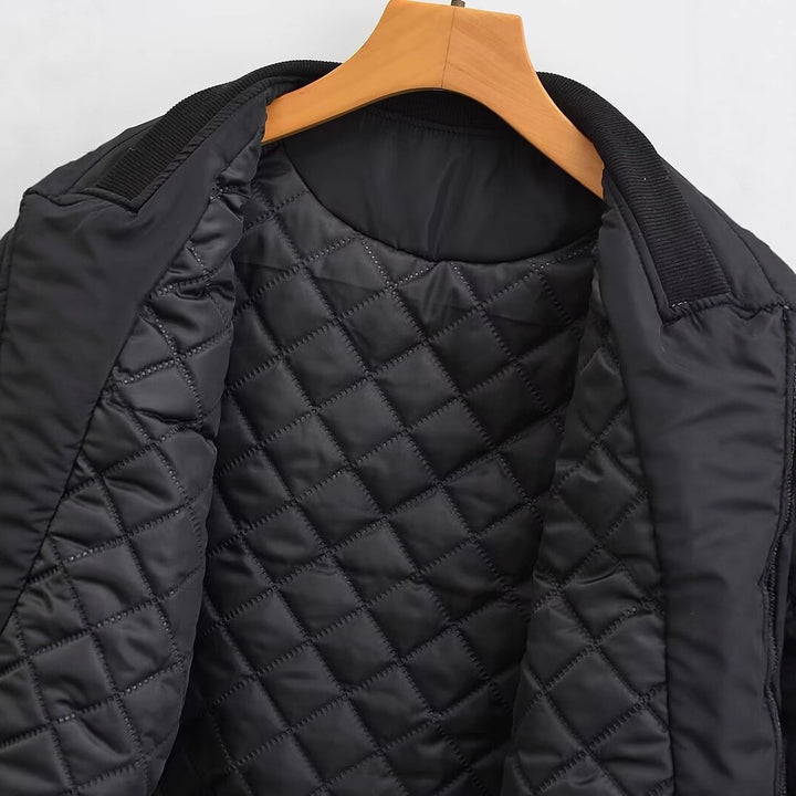 Women short cut nylon bomber jacket with shiny surface, padded lining and metal zipper Mune Fashion