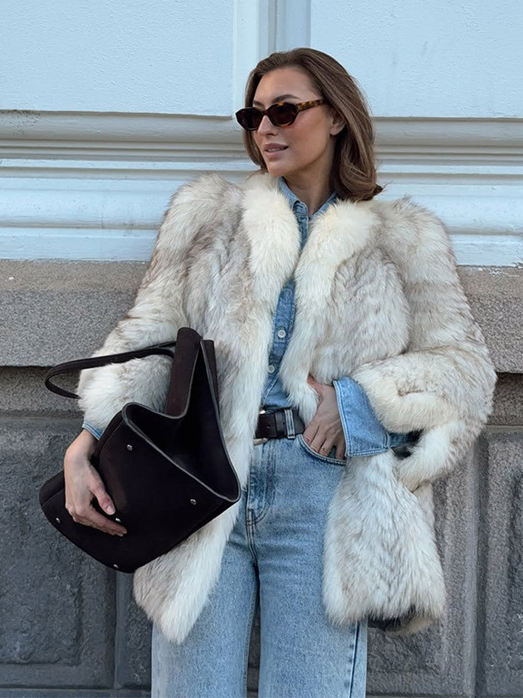 Women's Boxy Faux Fur Jacket with Textured Shag Look and Voluminous Shawl Collar Mune Fashion