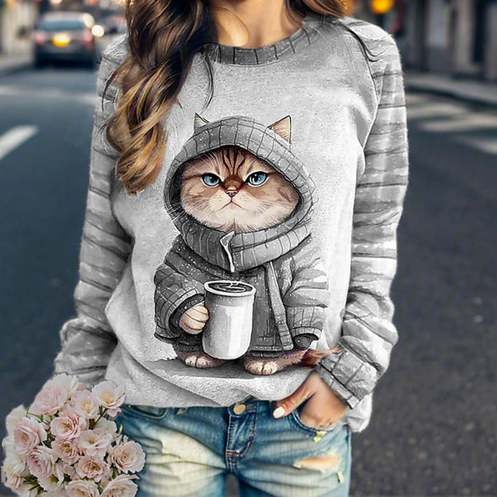 Women's casual sweatshirt with large kitten front print and striped raglan sleeves Mune Fashion
