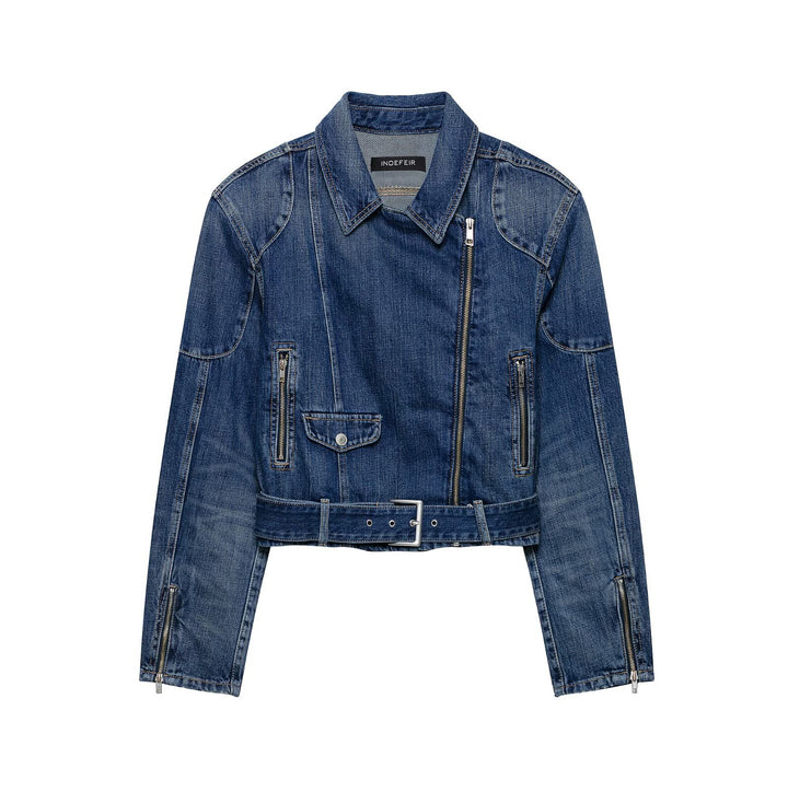 Women's Short Denim Biker Jacket with Belt and Asymmetrical Zipper Mune Fashion