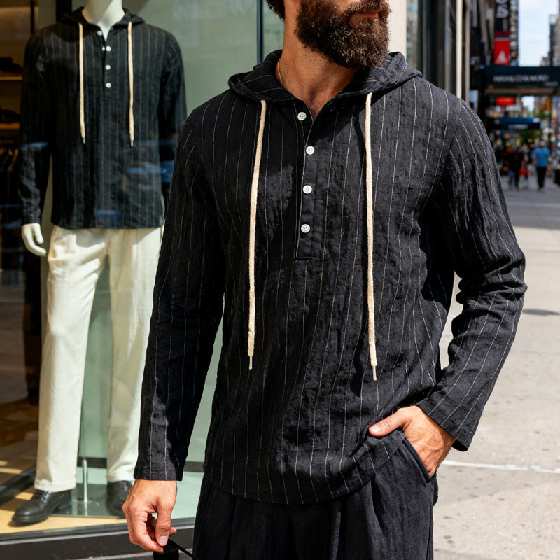 Men's linen blend hoodie shirt with half button placket and pinstripes Mune Fashion