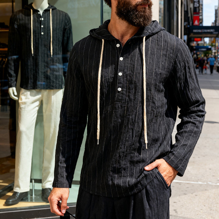 Men's linen blend hoodie shirt with half button placket and pinstripes Mune Fashion