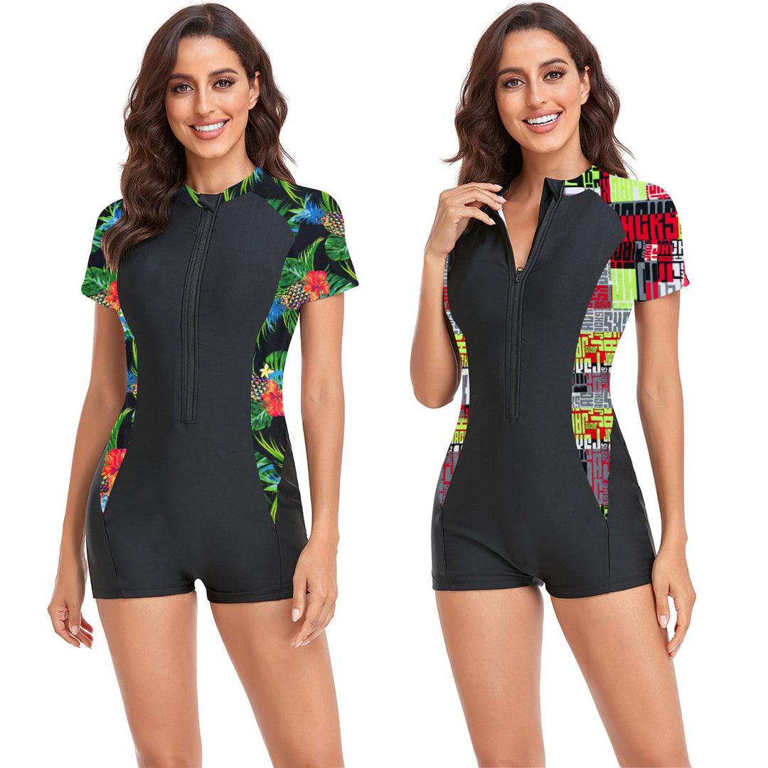 Ladies' sporty swimsuit with short sleeves and colorful floral print Mune Fashion