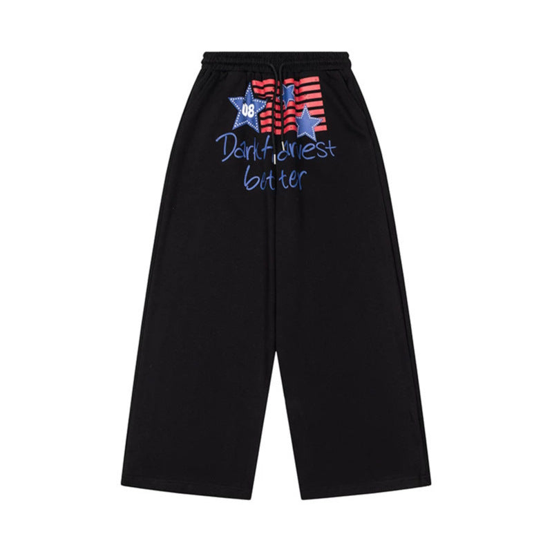 Women's Wide Culotte Lounge Pants with High Comfort Waistband, Drawstring and Star Flag Print Mune Fashion
