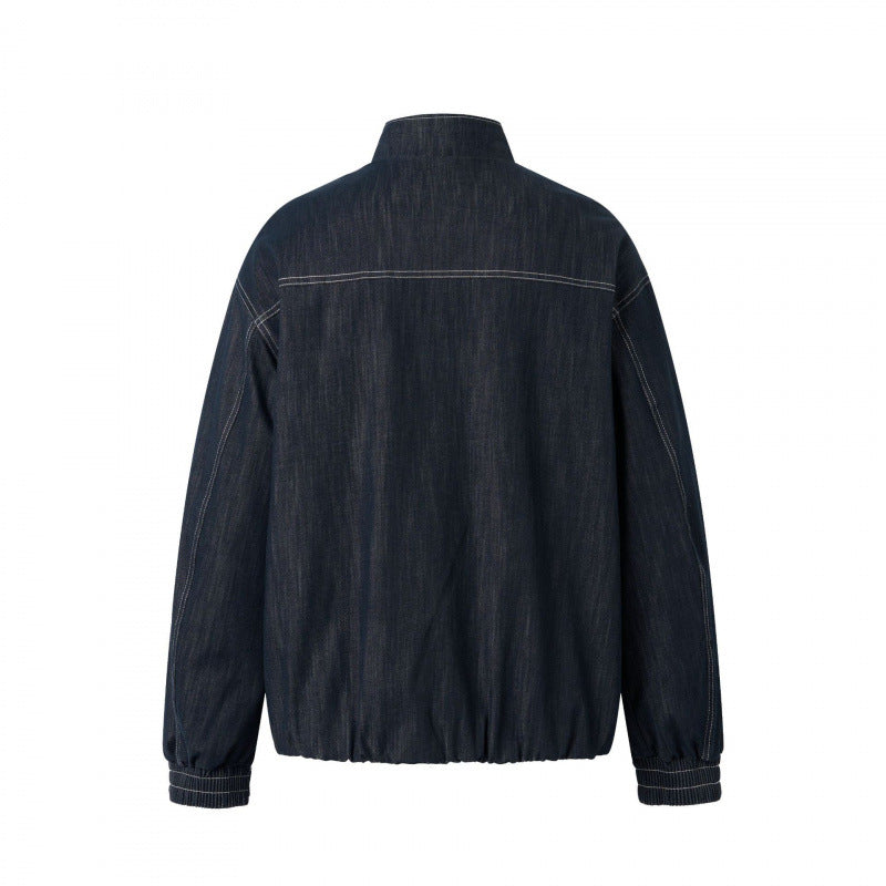 Unisex Boxy Jeans Bomber Jacket with Stand Collar, Zipper and Elastic Hem Mune Fashion