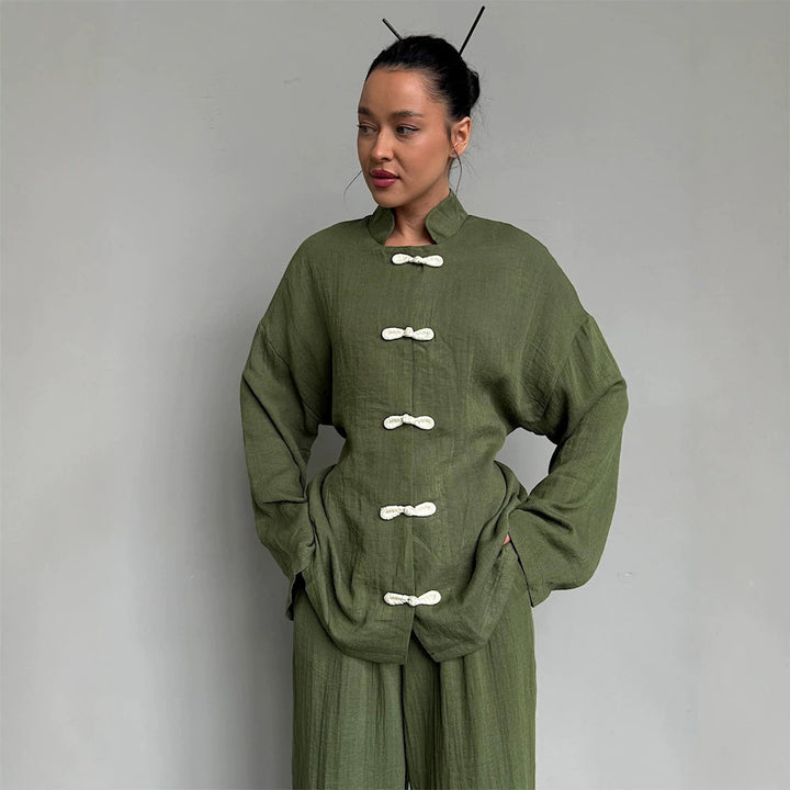 Women's loosely cut linen jacket with mandarin collar and frog closures Mune Fashion