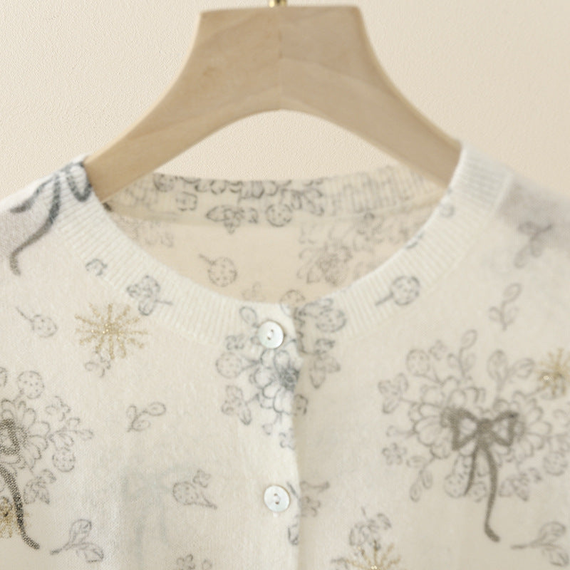 Ladies Fine Button Cardigan with delicate Flower Sketch Print and Round Neckline Mune Fashion