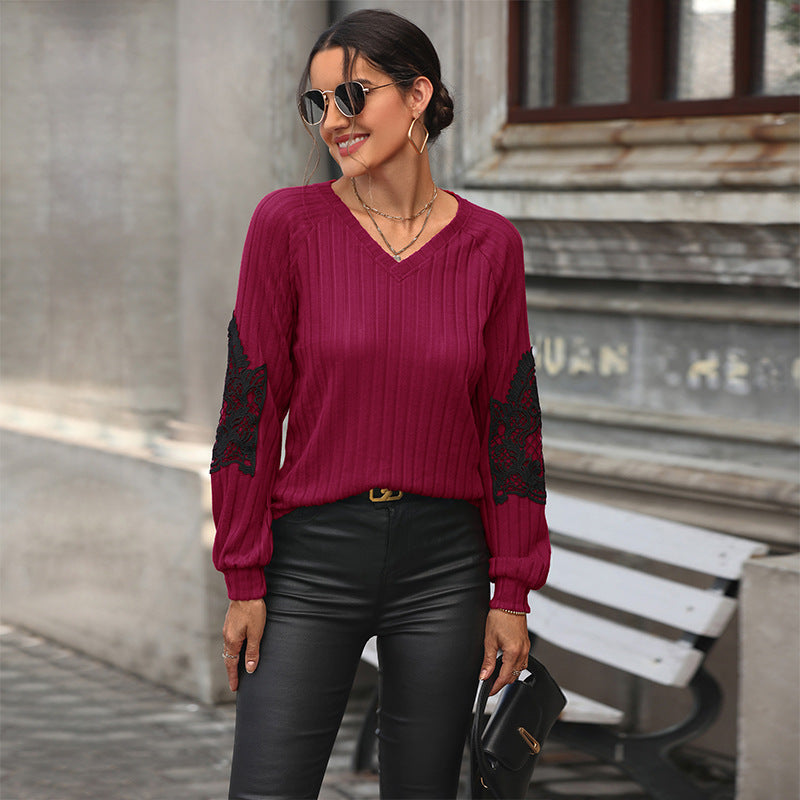 Women's Ribbed Long Sleeve with V-Neck, Lace Inserts at the Elbows and Balloon Sleeves Mune Fashion