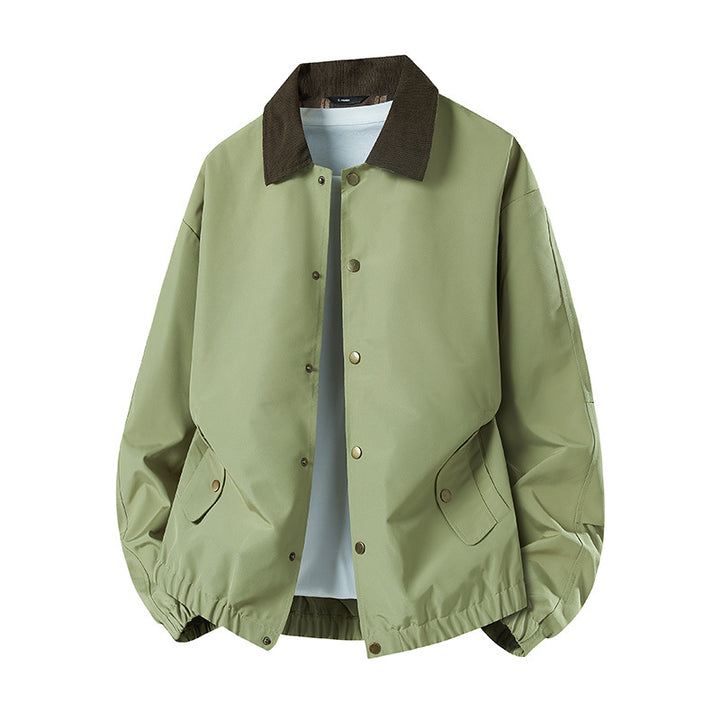 Men's Short Cut Coach Jacket with Cord Collar, Concealed Snap Placket & Elastic Hem Mune Fashion
