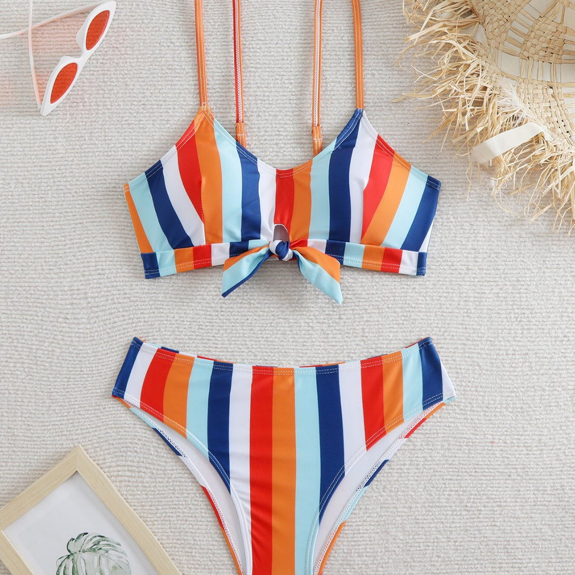 Ladies bikini set with fashionable knot and colorful striped pattern Mune Fashion