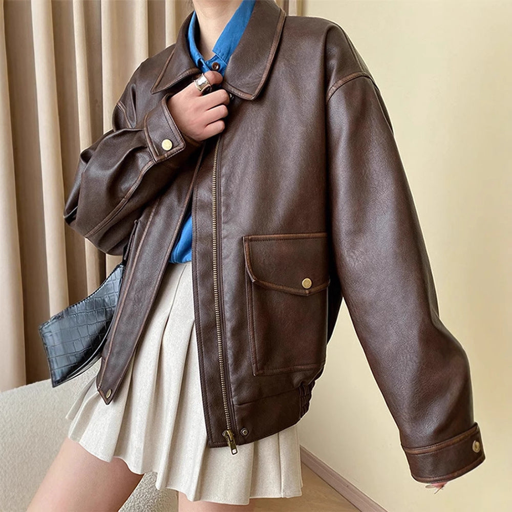 Women's Oversize Faux Leather Jacket with Shirt Collar and Zipper Mune Fashion