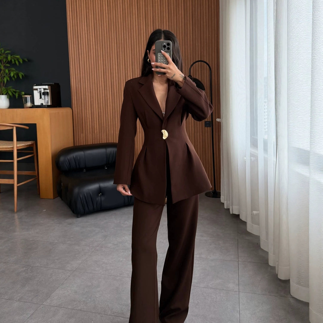 Women's Tailored Long Blazer with Golden Statement Buckle Mune Fashion