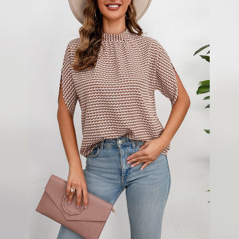 Women's Short Sleeve Oversized Blouse Top with Stand Collar and Side Sleeve Slits Mune Fashion