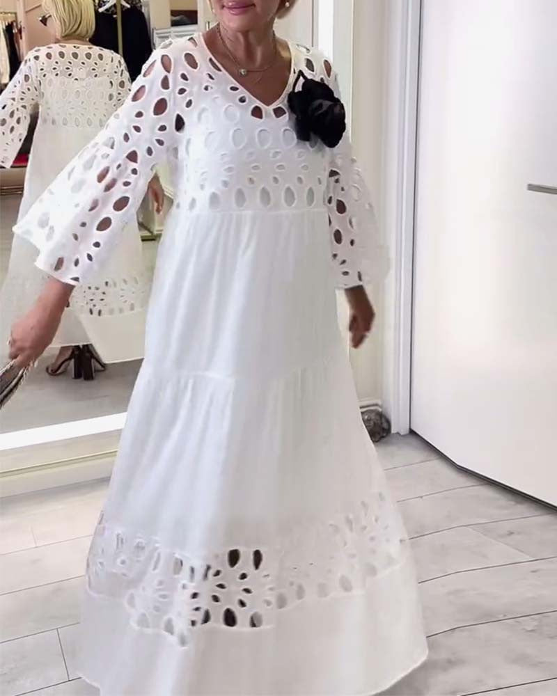 Women's maxi dress with openwork embroidery, V-neck, wide bell sleeves, and tiered hem Mune Fashion