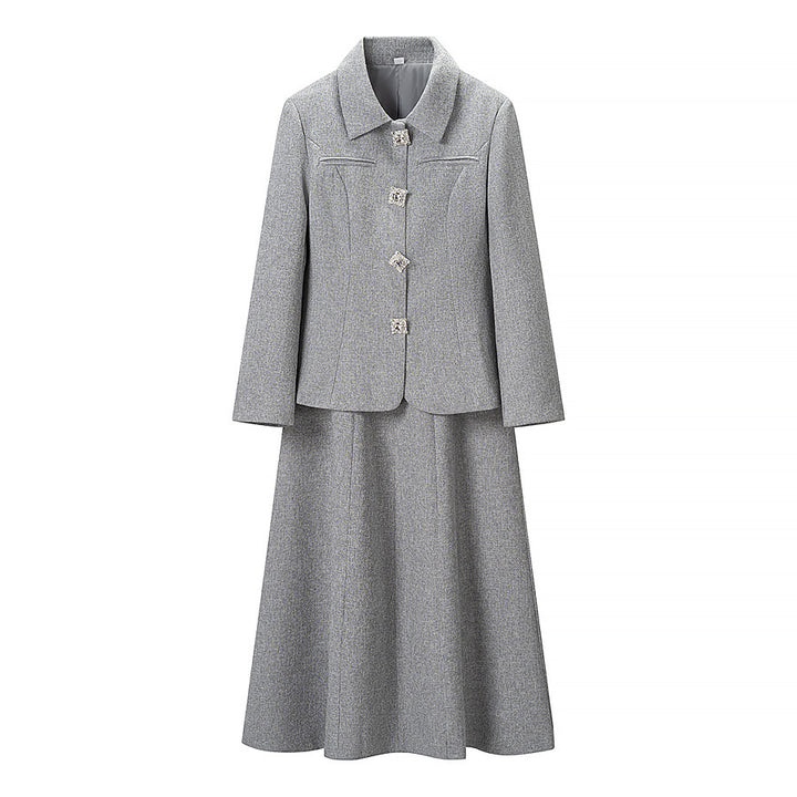 Women's Two-Piece Wool Blend Set with Tailored Short Blazer and Flared Midi Skirt Mune Fashion