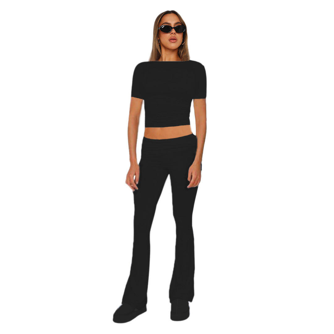 Ladies high waist yoga pants with wrap waistband, flared leg and stretch quality Mune Fashion