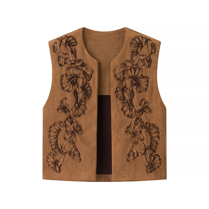 Ladies Embroidered Suede-Look Vest with Three-Dimensional Flower Appliqué Mune Fashion