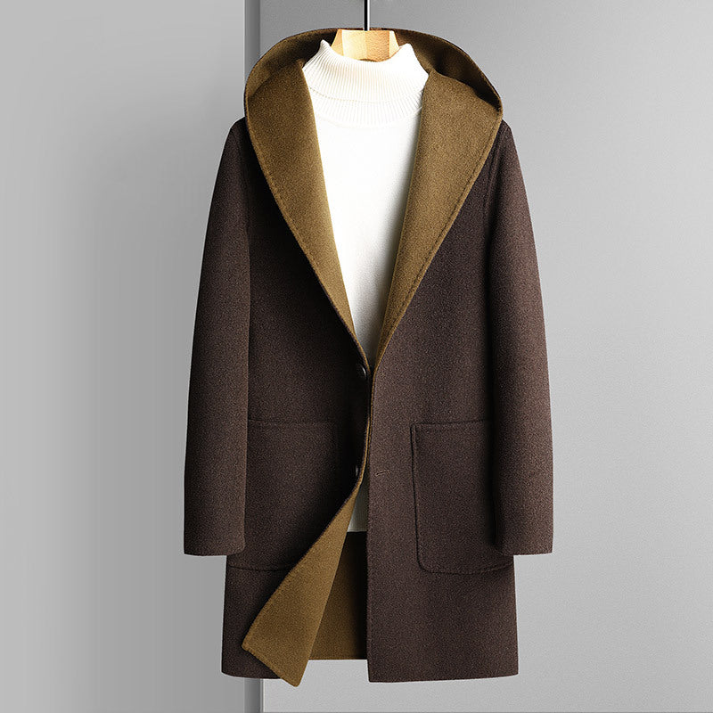 Men's knee-length wool blend coat with large hood and patch pockets Mune Fashion