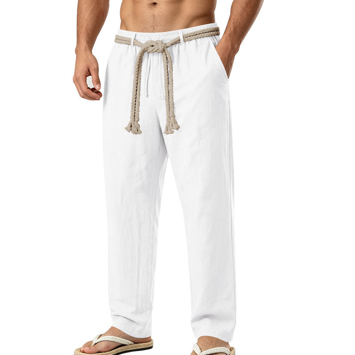 Men's Casual Linen Lounge Pants with Elastic Waistband, Decorative Rope Belt and Side Pockets Mune Fashion