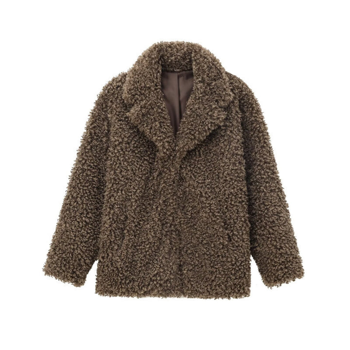 Women's Oversized Faux Fur Teddy Jacket with Shawl Collar and Lined Interior Mune Fashion