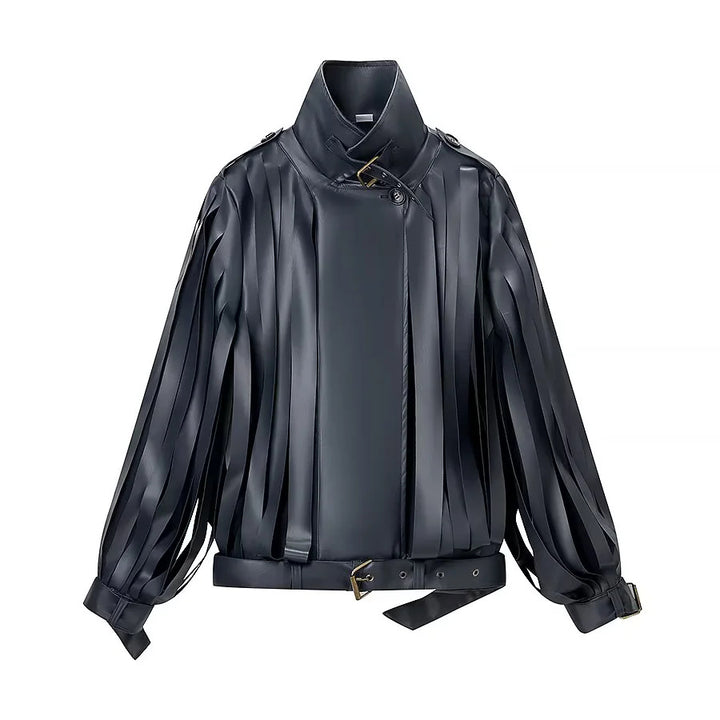Women's faux leather blouse jacket with striped fringes, stand-up collar and waist belt Mune Fashion