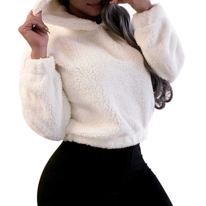 Women's Short Hooded Sherpa Pullover with Kangaroo Pocket and Elastic Hem Mune Fashion