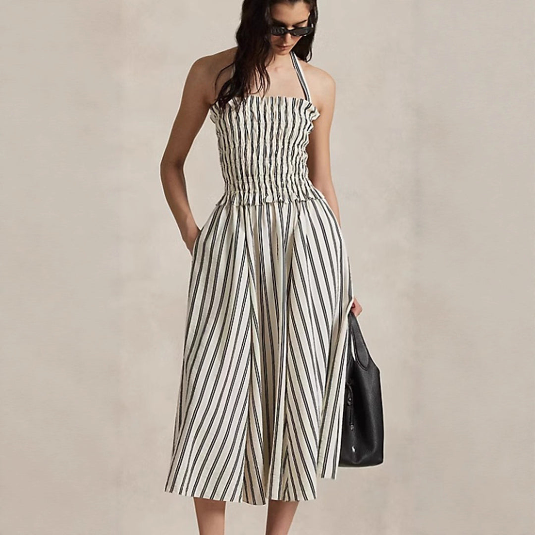 Women's midi dress with gathered smock top, removable halter neck and side pockets Mune Fashion