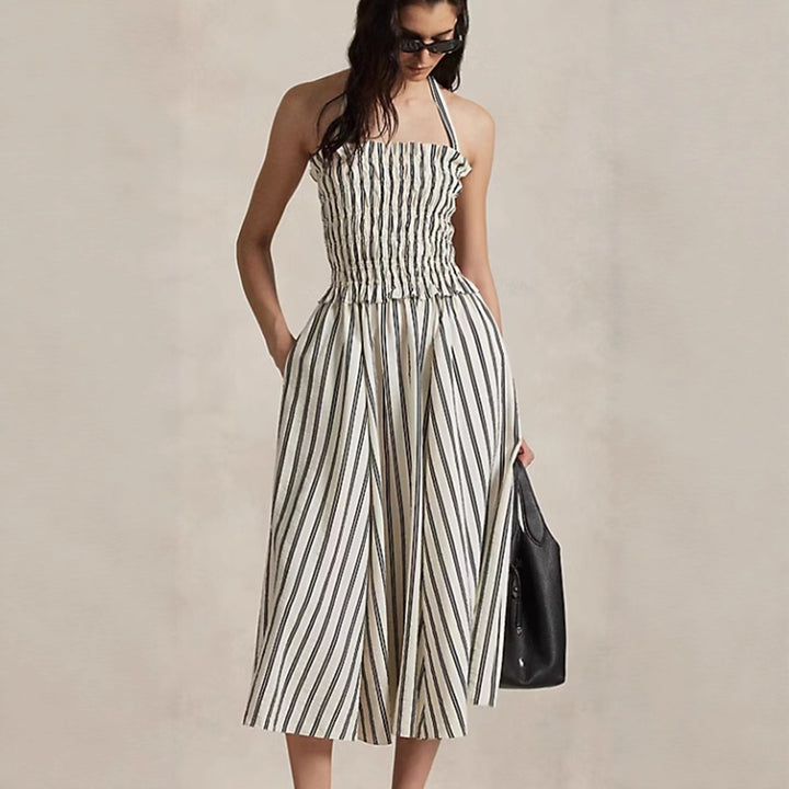 Women's midi dress with gathered smock top, removable halter neck and side pockets Mune Fashion
