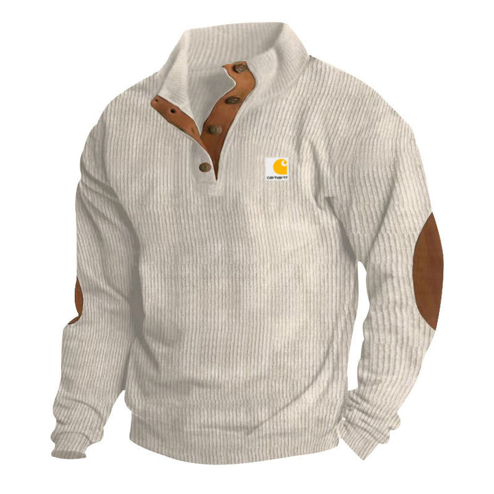 Men's knitted pullover in Troyer style with stand-up collar leather trim snap button placket and elbow patches Mune Fashion