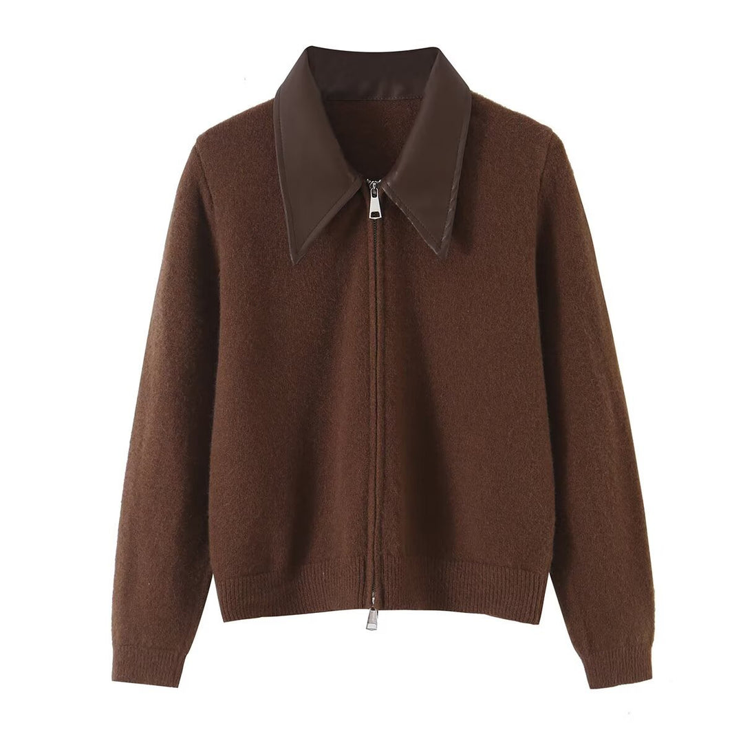 Women Short Wool Blend Cardigan with Zipper and Contrasting Faux Leather Collar Mune Fashion