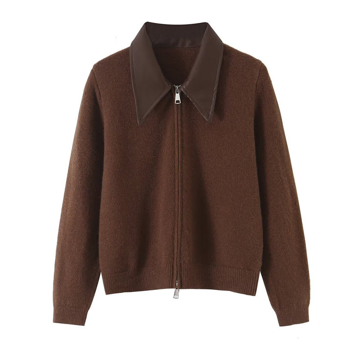 Women Short Wool Blend Cardigan with Zipper and Contrasting Faux Leather Collar Mune Fashion