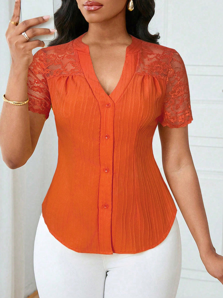 Women's Fitted Short Sleeve Blouse with Lace Sleeves and Button Placket Mune Fashion