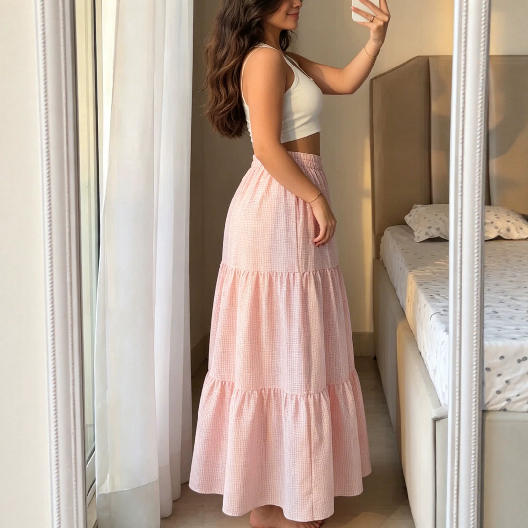 Ladies Pleated Maxi Skirt made of Cotton Gauze with Ruffled Waistband Mune Fashion
