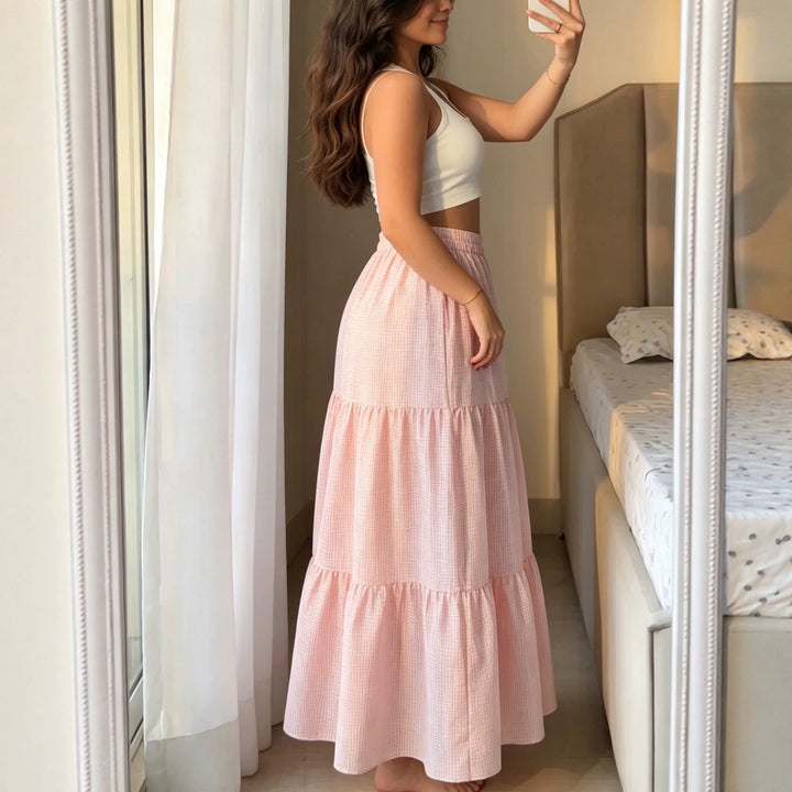 Ladies Pleated Maxi Skirt made of Cotton Gauze with Ruffled Waistband Mune Fashion