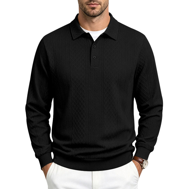 Men's Structured Long Sleeve Polo Sweater with Cable Knit Pattern Mune Fashion