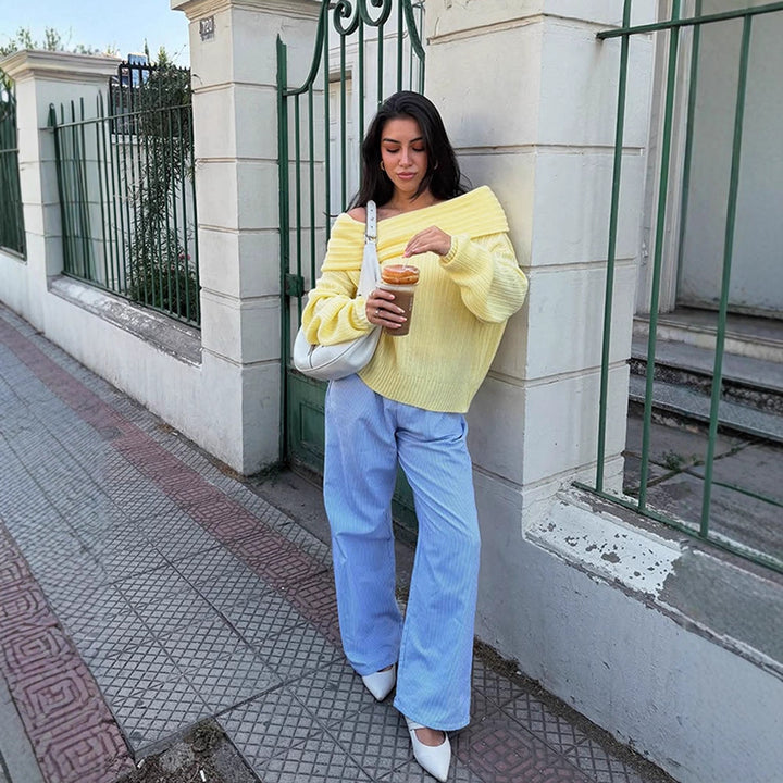 Women Off-Shoulder Ribbed Knit Sweater with Wide Folded Collar Mune Fashion