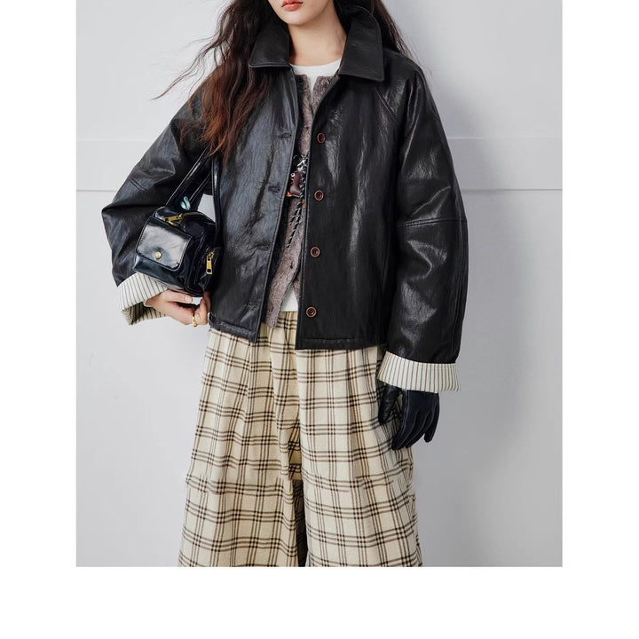 Ladies Modern Leather Jacket with Striped Cuffs Mune Fashion
